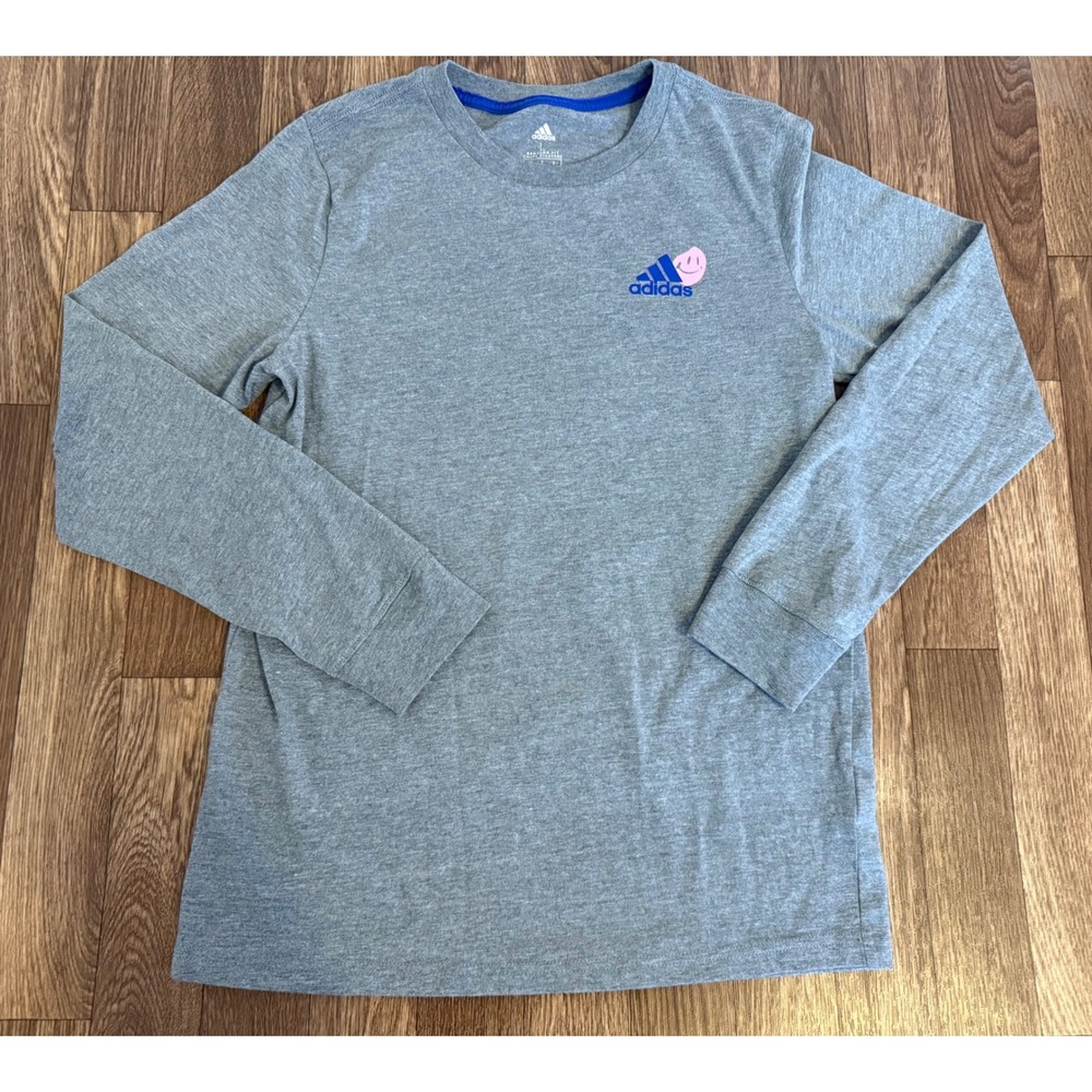 Adidas Boys Large 14/16 Long Sleeve Graphic T-Shirt‎ Grey Rainbow Smiley AA7548
